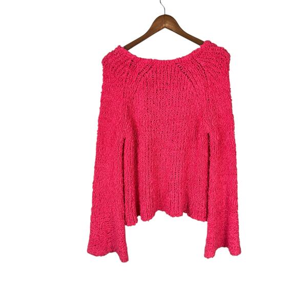 Free People Sand Dune Pullover Coral Pink V-Neck Long Bell Sleeve Fuzzy Sweater - Picture 10 of 12